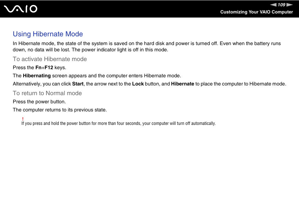 Using hibernate mode | Sony VGN-C210E User Manual | Page 109 / 189