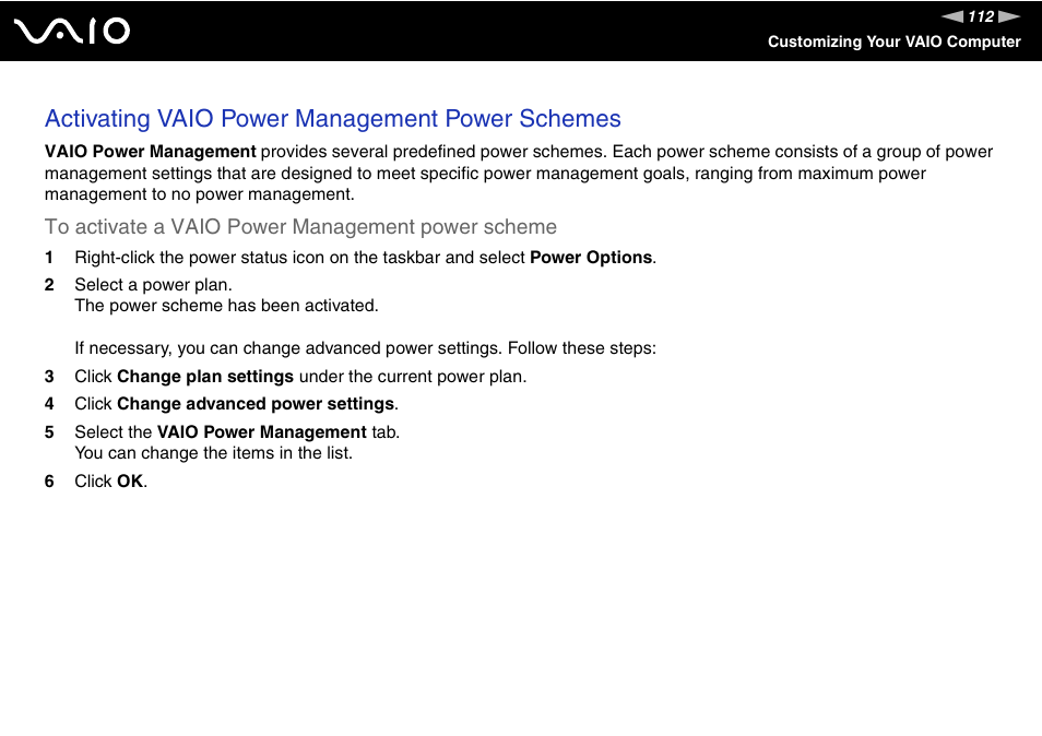 Activating vaio power management power schemes | Sony VGN-C210E User Manual | Page 112 / 189