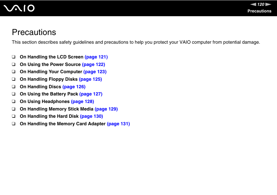 Precautions | Sony VGN-C210E User Manual | Page 120 / 189