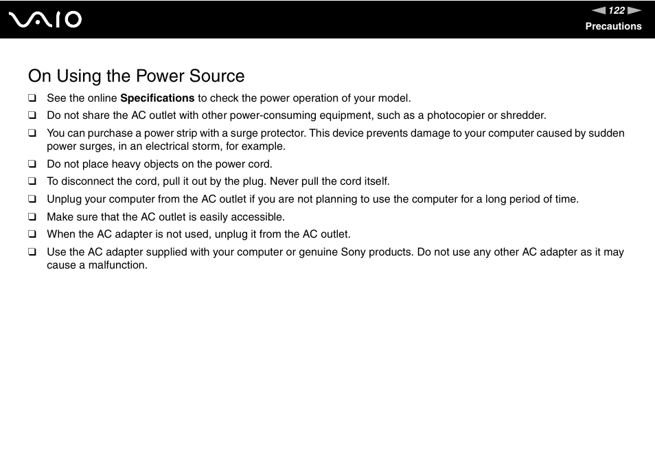 On using the power source | Sony VGN-C210E User Manual | Page 122 / 189