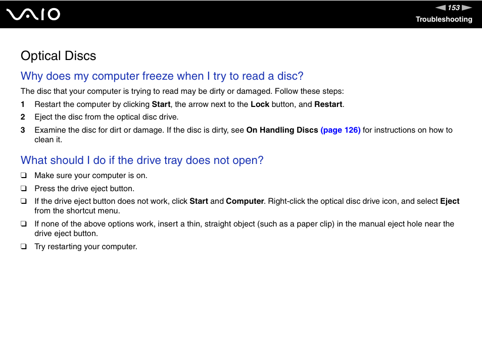 Optical discs, What should i do if the drive tray does not open | Sony VGN-C210E User Manual | Page 153 / 189