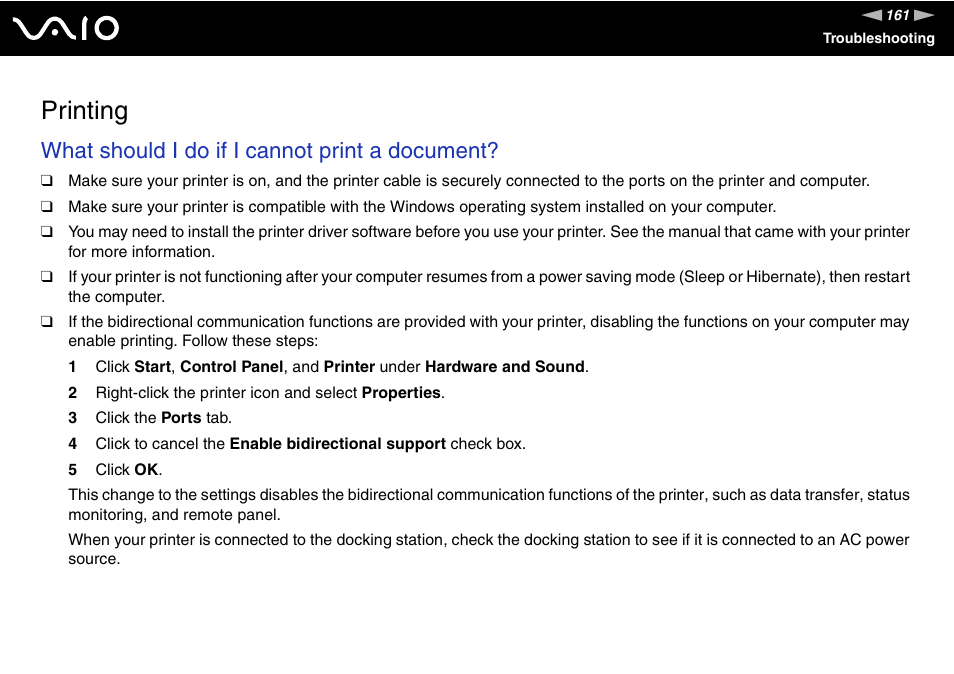 Printing, Inting, What should i do if i cannot print a document | Sony VGN-C210E User Manual | Page 161 / 189