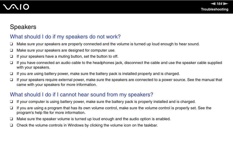 Speakers, What should i do if my speakers do not work | Sony VGN-C210E User Manual | Page 164 / 189