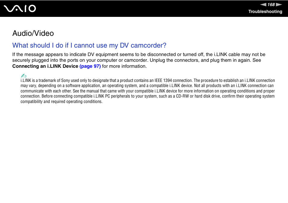 Audio/video, What should i do if i cannot use my dv camcorder | Sony VGN-C210E User Manual | Page 168 / 189