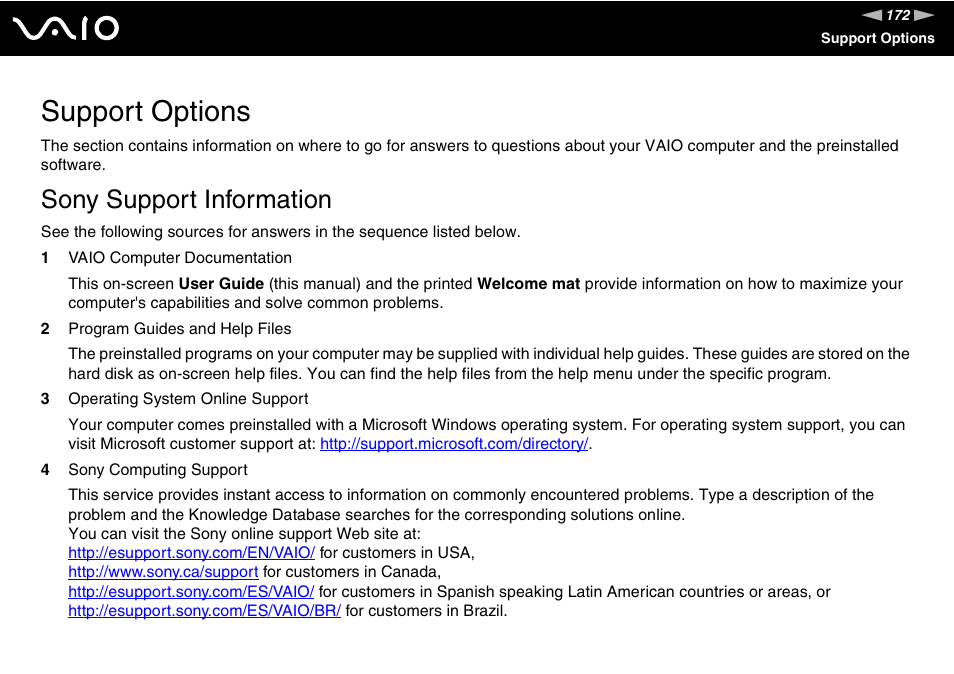 Support options, Sony support information | Sony VGN-C210E User Manual | Page 172 / 189