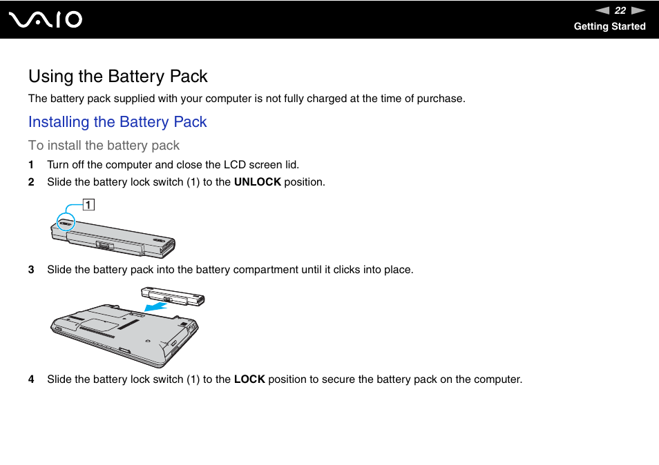 Using the battery pack, Installing the battery pack | Sony VGN-C210E User Manual | Page 22 / 189