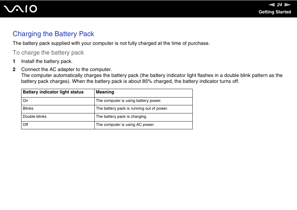 Charging the battery pack | Sony VGN-C210E User Manual | Page 24 / 189