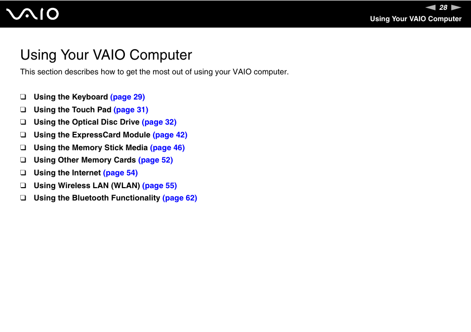 Using your vaio computer | Sony VGN-C210E User Manual | Page 28 / 189