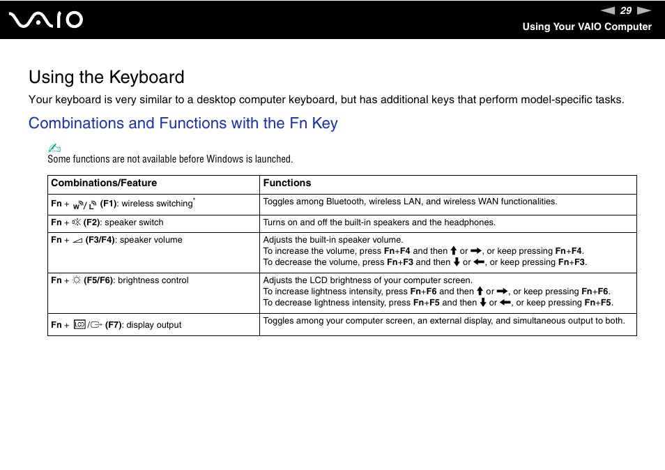 Using the keyboard, Combinations and functions with the fn key | Sony VGN-C210E User Manual | Page 29 / 189