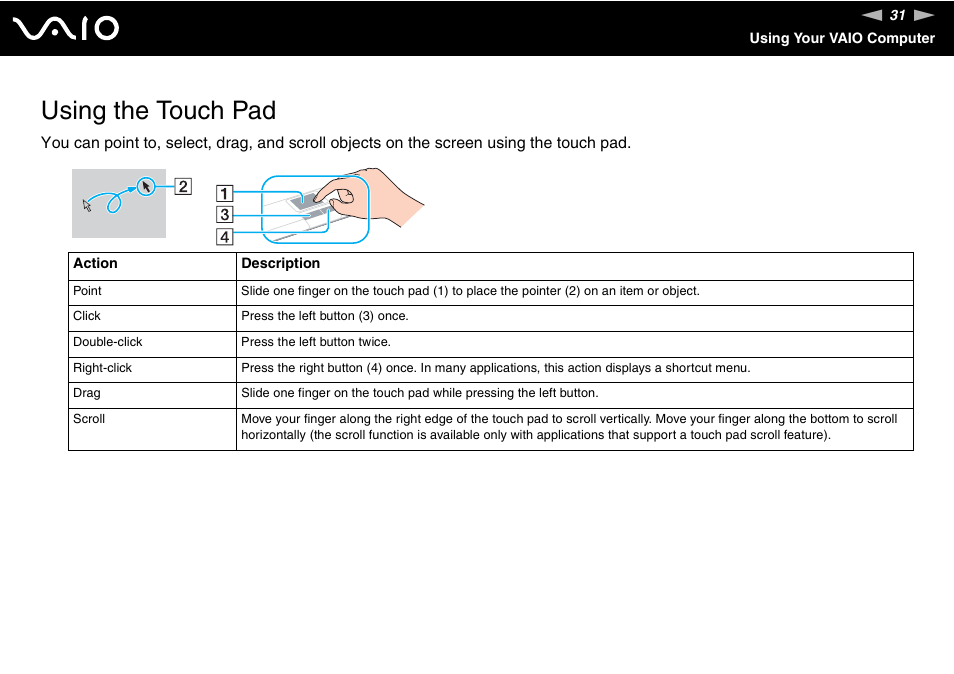 Using the touch pad | Sony VGN-C210E User Manual | Page 31 / 189
