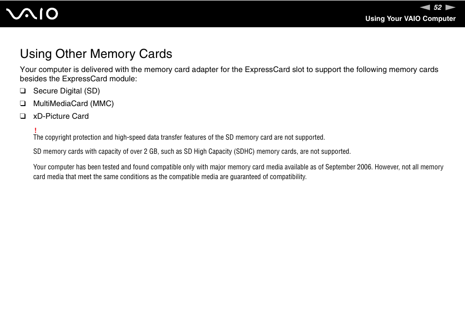 Using other memory cards | Sony VGN-C210E User Manual | Page 52 / 189