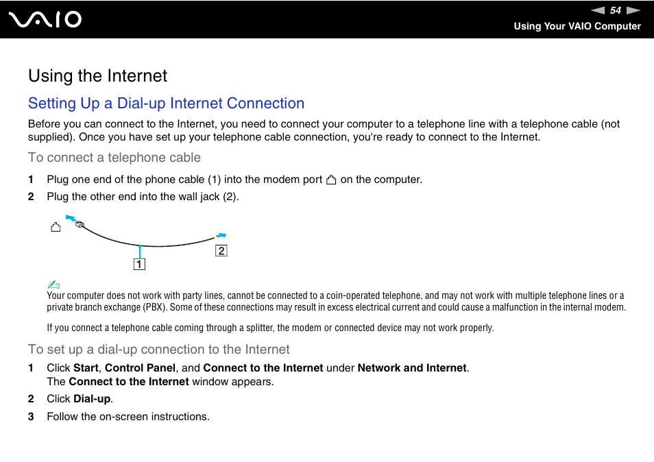 Using the internet, Setting up a dial-up internet connection | Sony VGN-C210E User Manual | Page 54 / 189