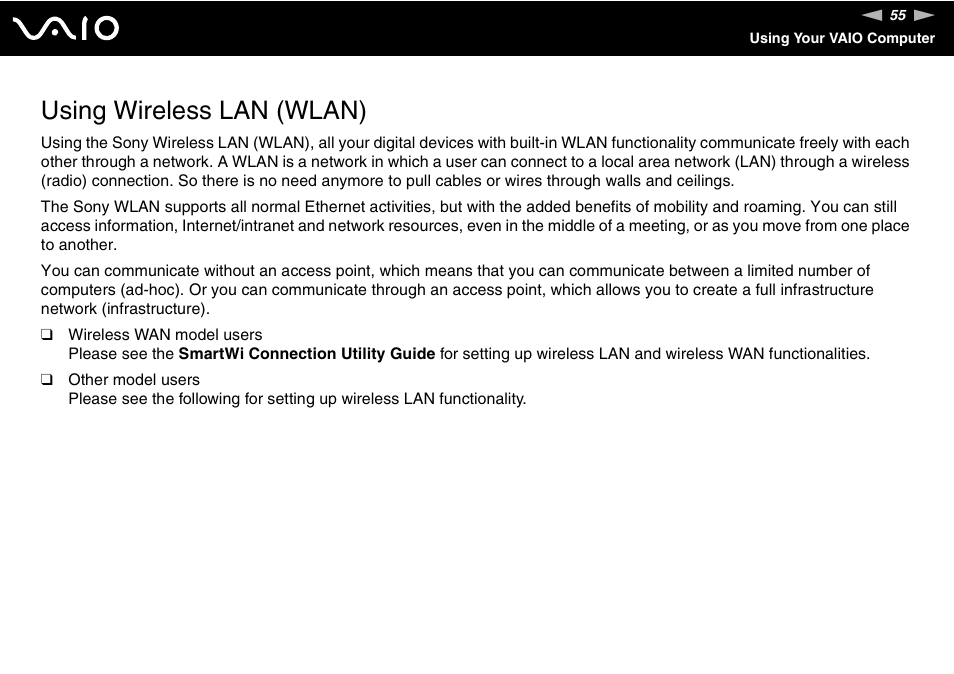 Using wireless lan (wlan) | Sony VGN-C210E User Manual | Page 55 / 189