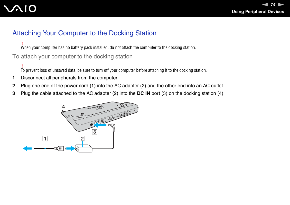 Attaching your computer to the docking station | Sony VGN-C210E User Manual | Page 74 / 189