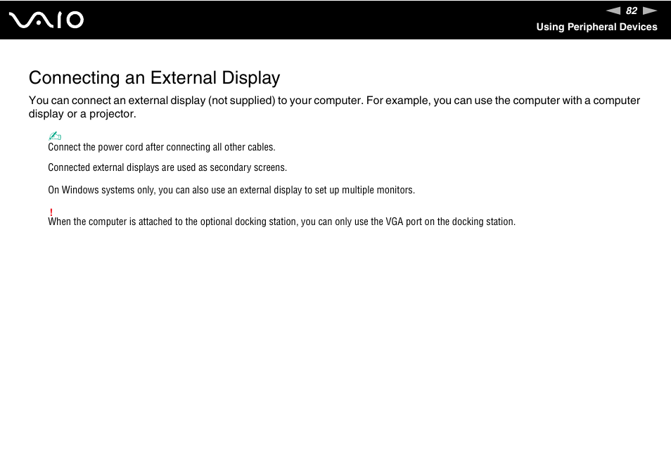 Connecting an external display | Sony VGN-C210E User Manual | Page 82 / 189