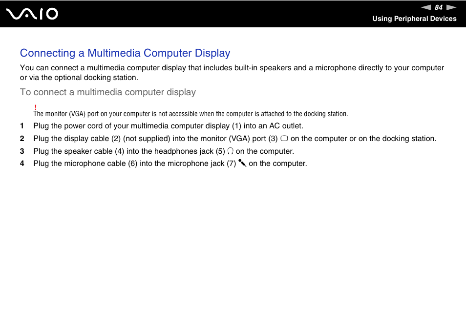 Connecting a multimedia computer display | Sony VGN-C210E User Manual | Page 84 / 189