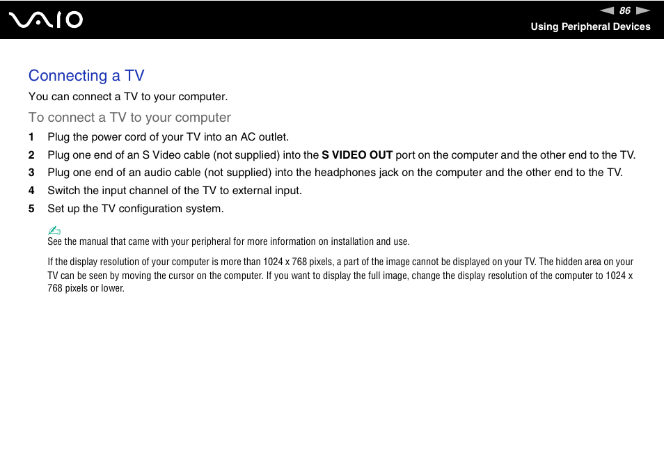 Connecting a tv | Sony VGN-C210E User Manual | Page 86 / 189