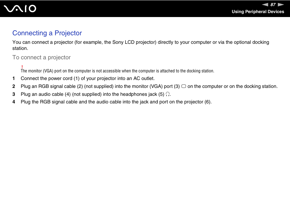 Connecting a projector | Sony VGN-C210E User Manual | Page 87 / 189