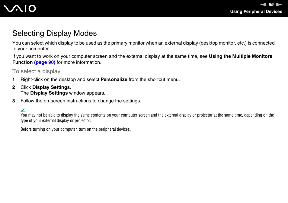 Selecting display modes | Sony VGN-C210E User Manual | Page 89 / 189