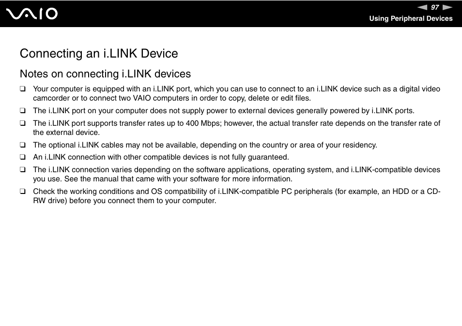 Connecting an i.link device | Sony VGN-C210E User Manual | Page 97 / 189