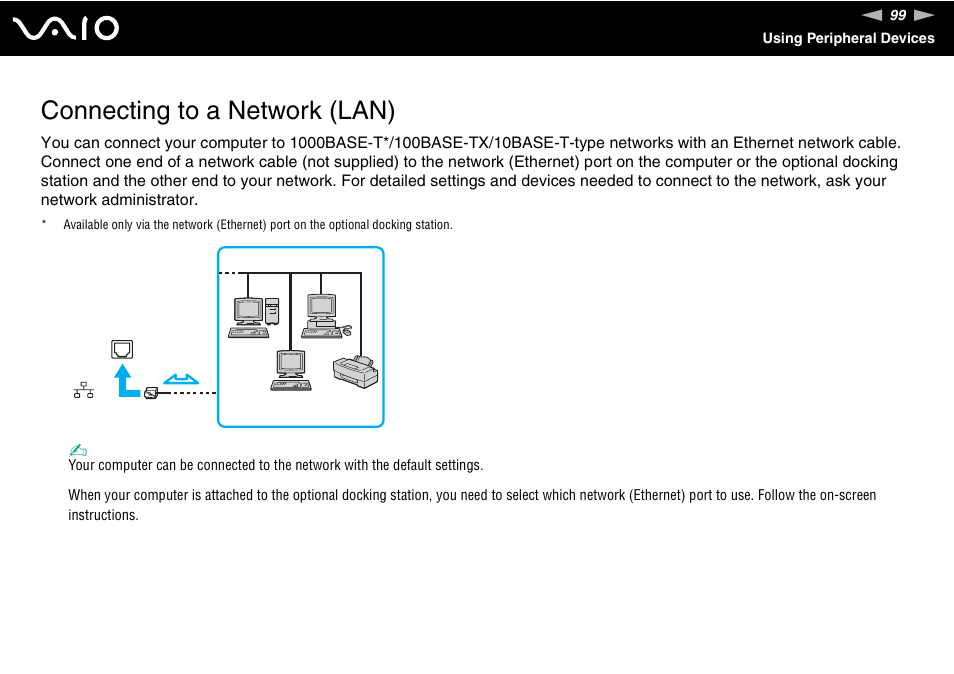 Connecting to a network (lan) | Sony VGN-C210E User Manual | Page 99 / 189