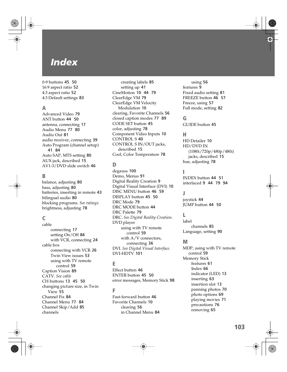 Index | Sony KV-30XBR910 User Manual | Page 104 / 106