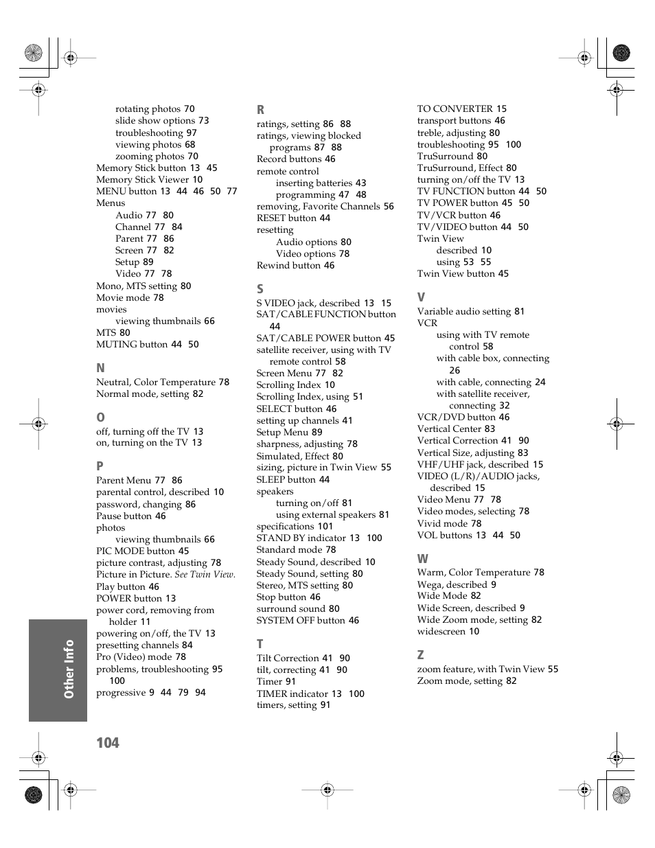 Sony KV-30XBR910 User Manual | Page 105 / 106