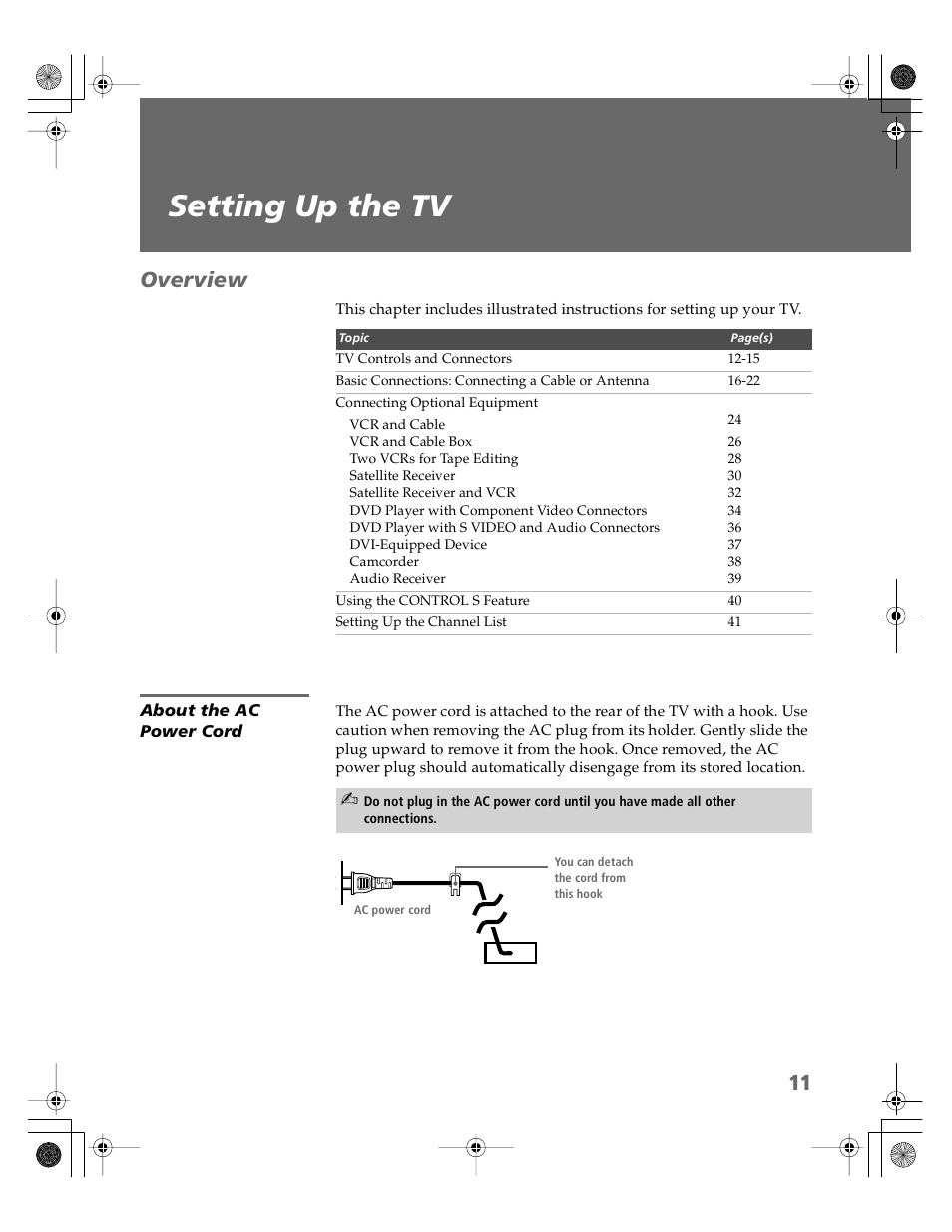 Setting up the tv, Overview, About the ac power cord | Sony KV-30XBR910 User Manual | Page 12 / 106