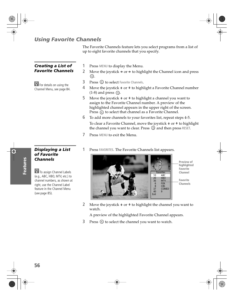 Using favorite channels, Creating a list of favorite channels, Displaying a list of favorite channels | Sony KV-30XBR910 User Manual | Page 57 / 106