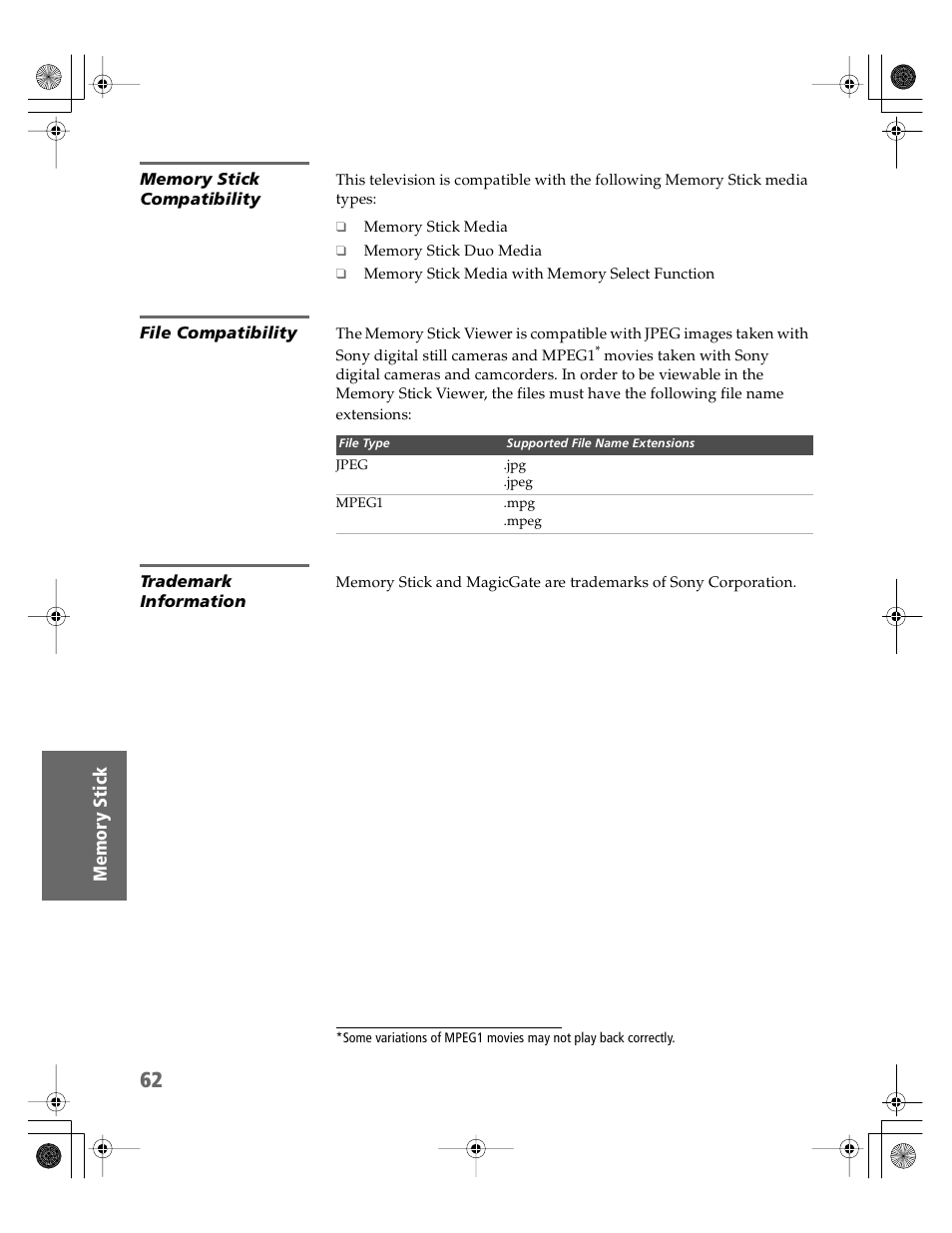 Memory stick compatibility, File compatibility, Trademark information | Sony KV-30XBR910 User Manual | Page 63 / 106