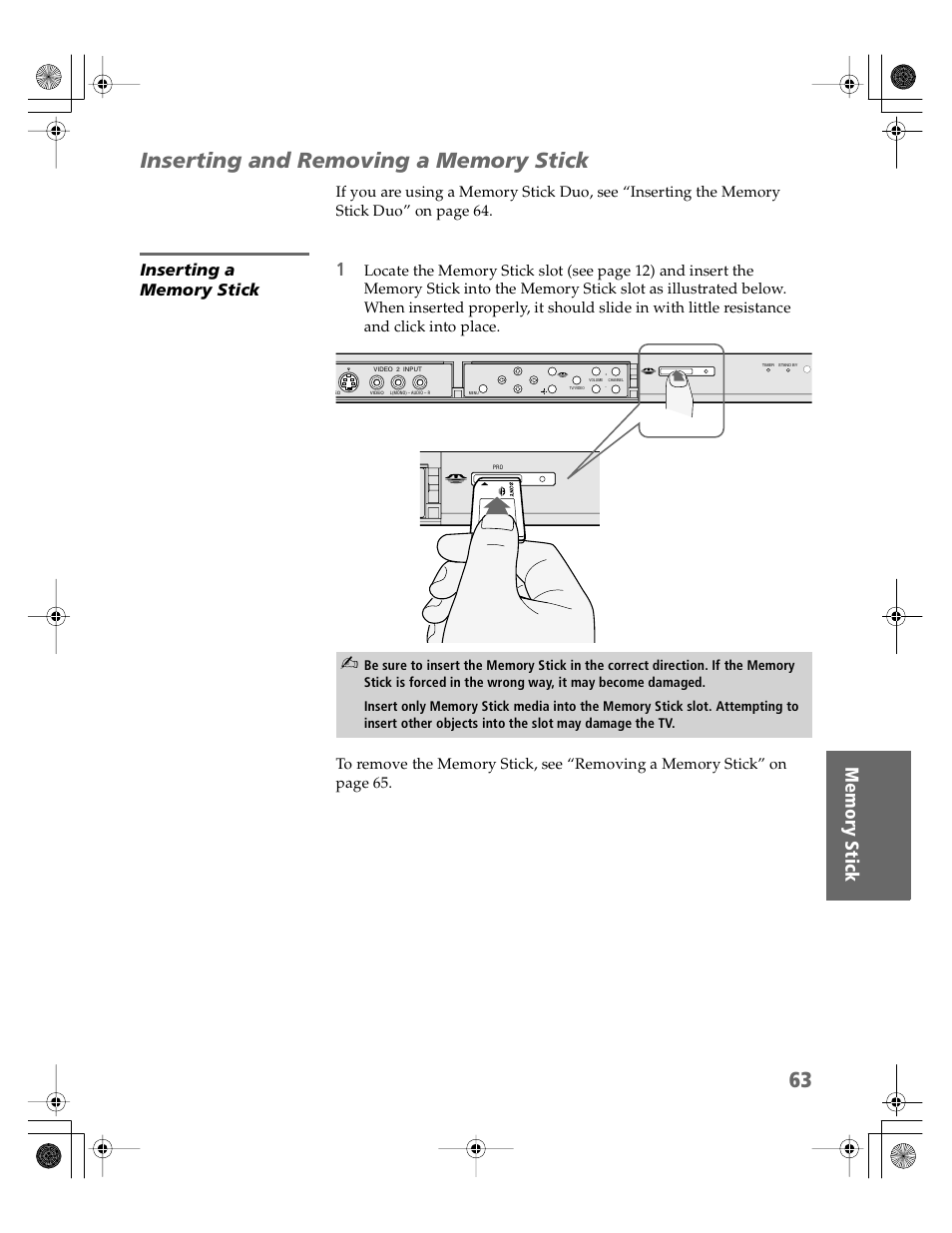 Inserting and removing a memory stick, Inserting a memory stick | Sony KV-30XBR910 User Manual | Page 64 / 106