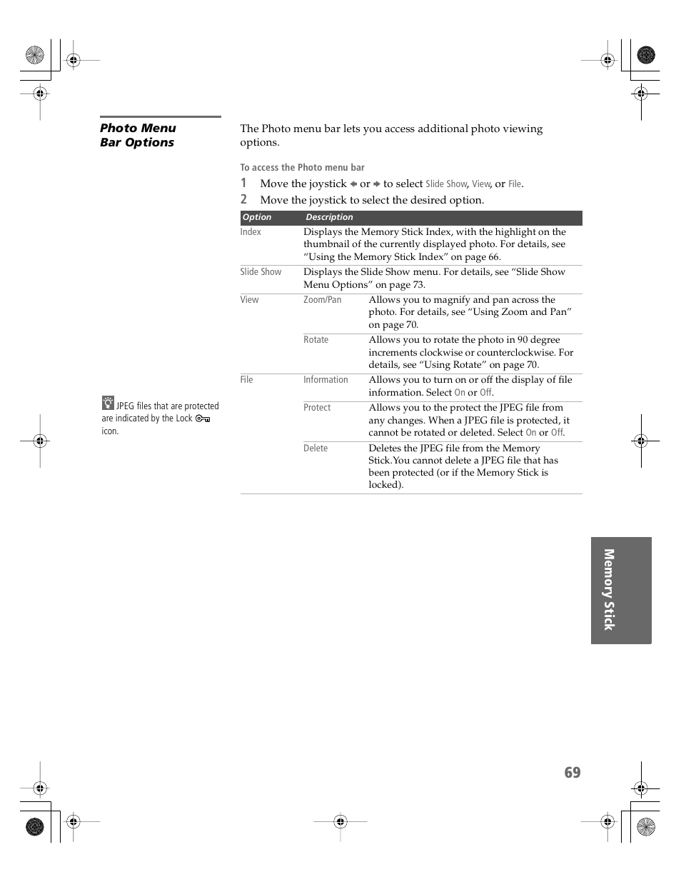 Photo menu bar options | Sony KV-30XBR910 User Manual | Page 70 / 106