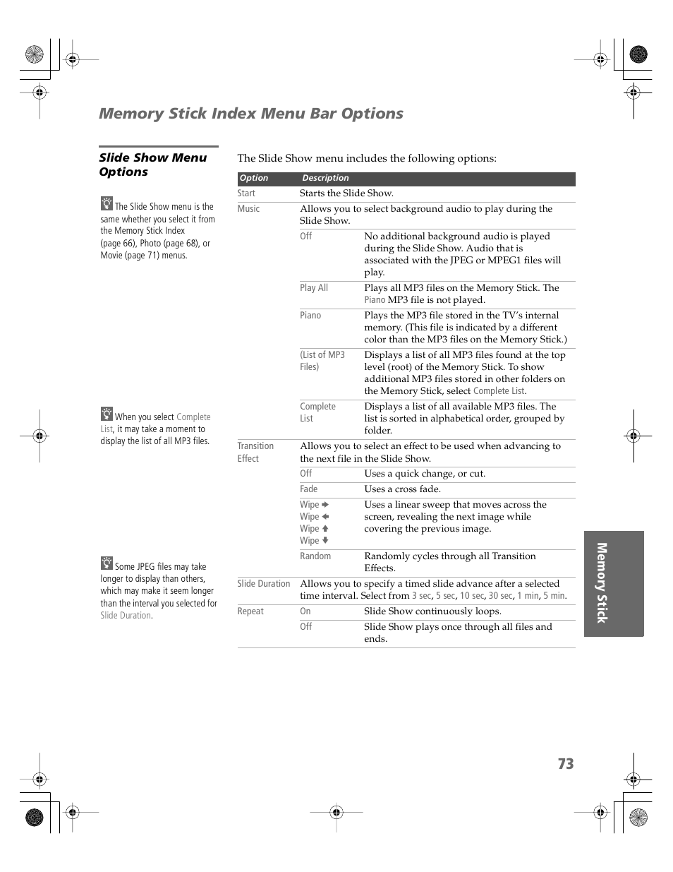 Memory stick index menu bar options, Slide show menu options | Sony KV-30XBR910 User Manual | Page 74 / 106