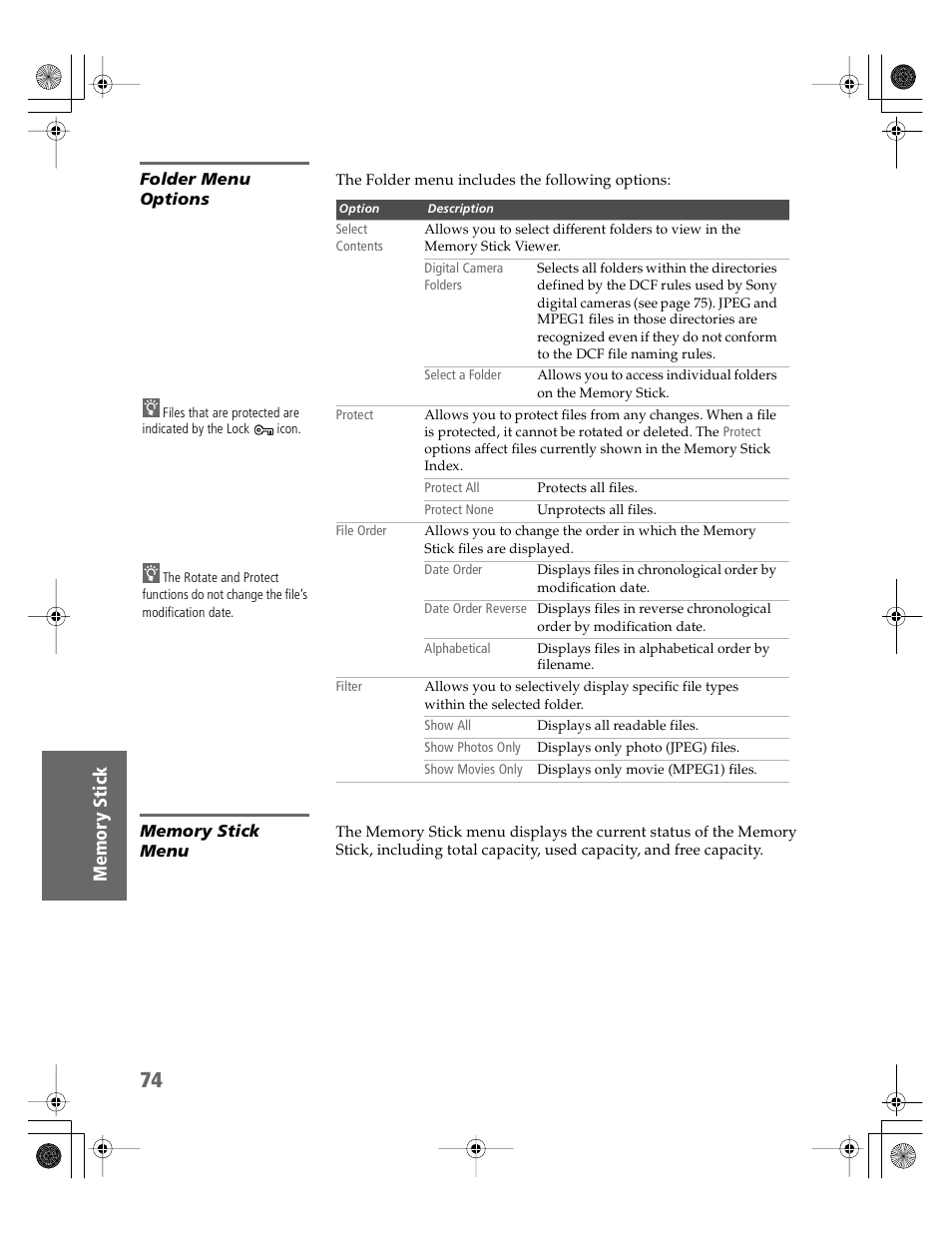 Folder menu options, Memory stick menu | Sony KV-30XBR910 User Manual | Page 75 / 106