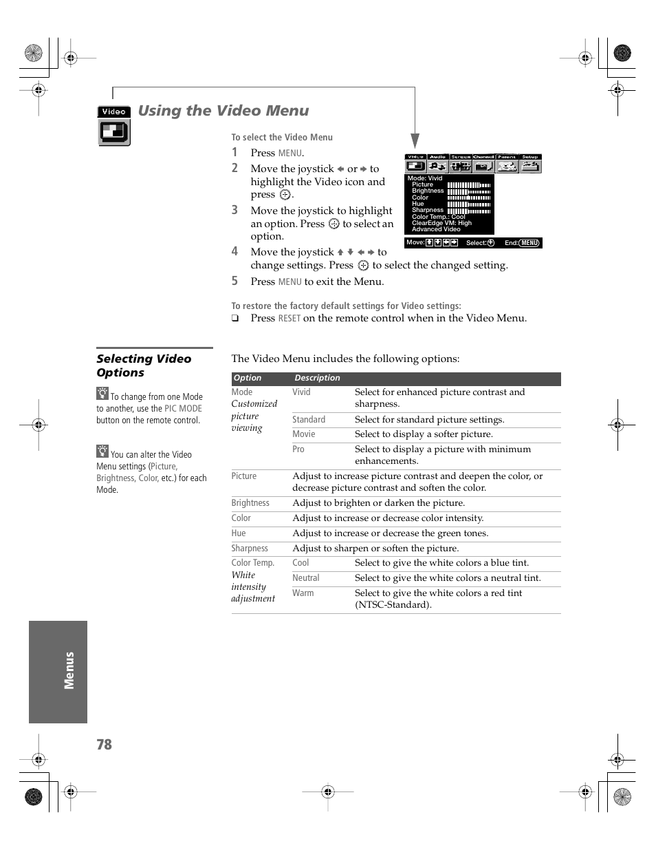 Using the video menu, Selecting video options | Sony KV-30XBR910 User Manual | Page 79 / 106