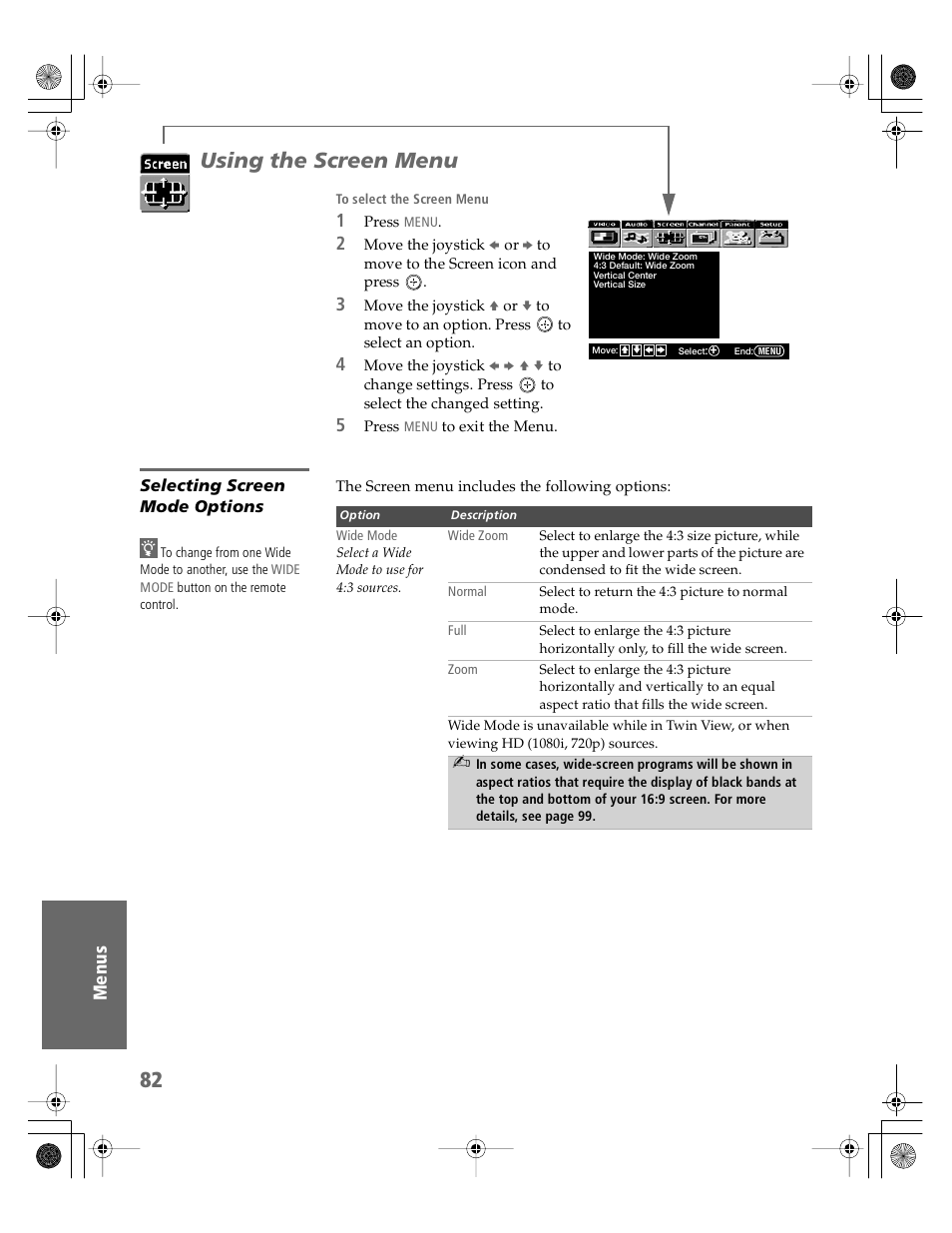 Using the screen menu, Selecting screen mode options | Sony KV-30XBR910 User Manual | Page 83 / 106