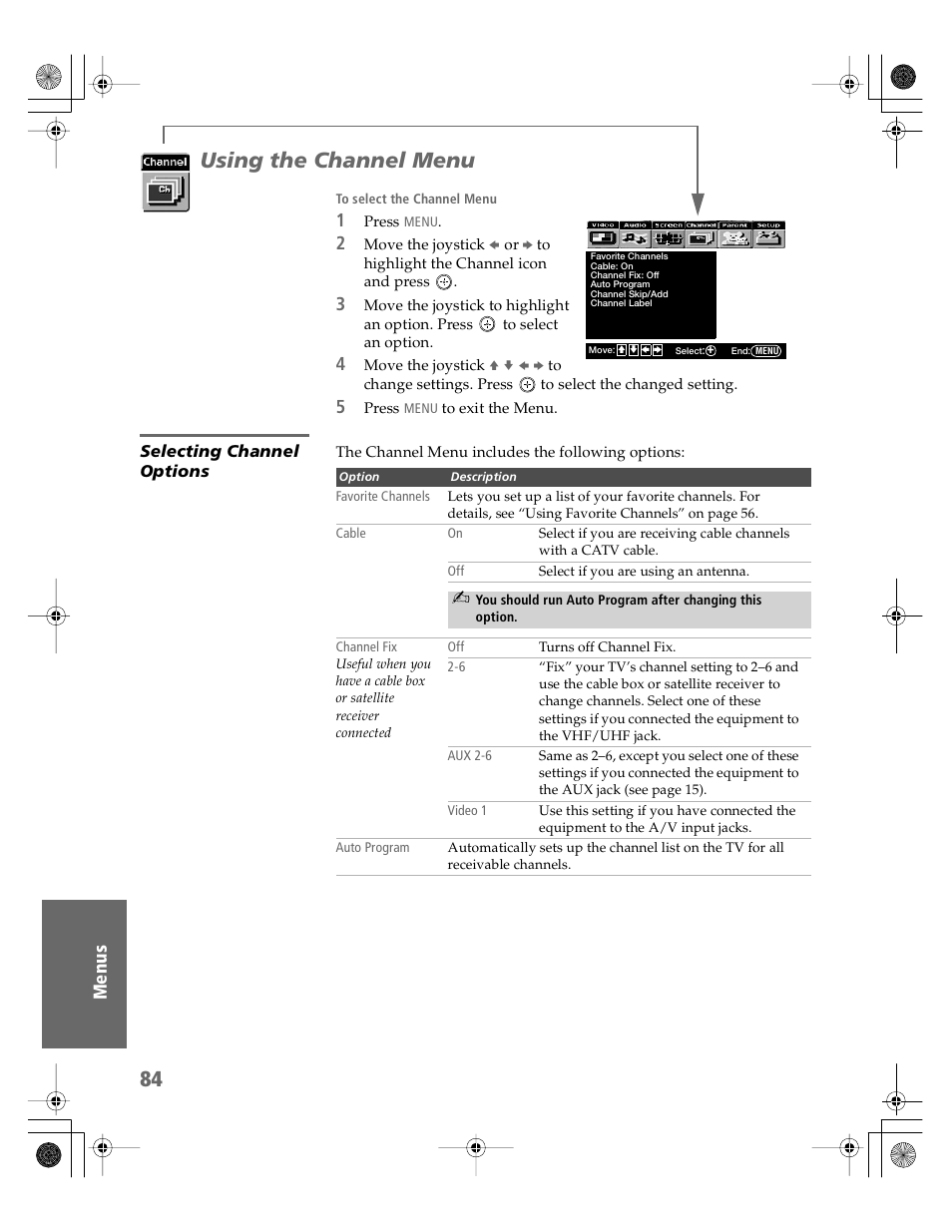 Using the channel menu, Selecting channel options | Sony KV-30XBR910 User Manual | Page 85 / 106