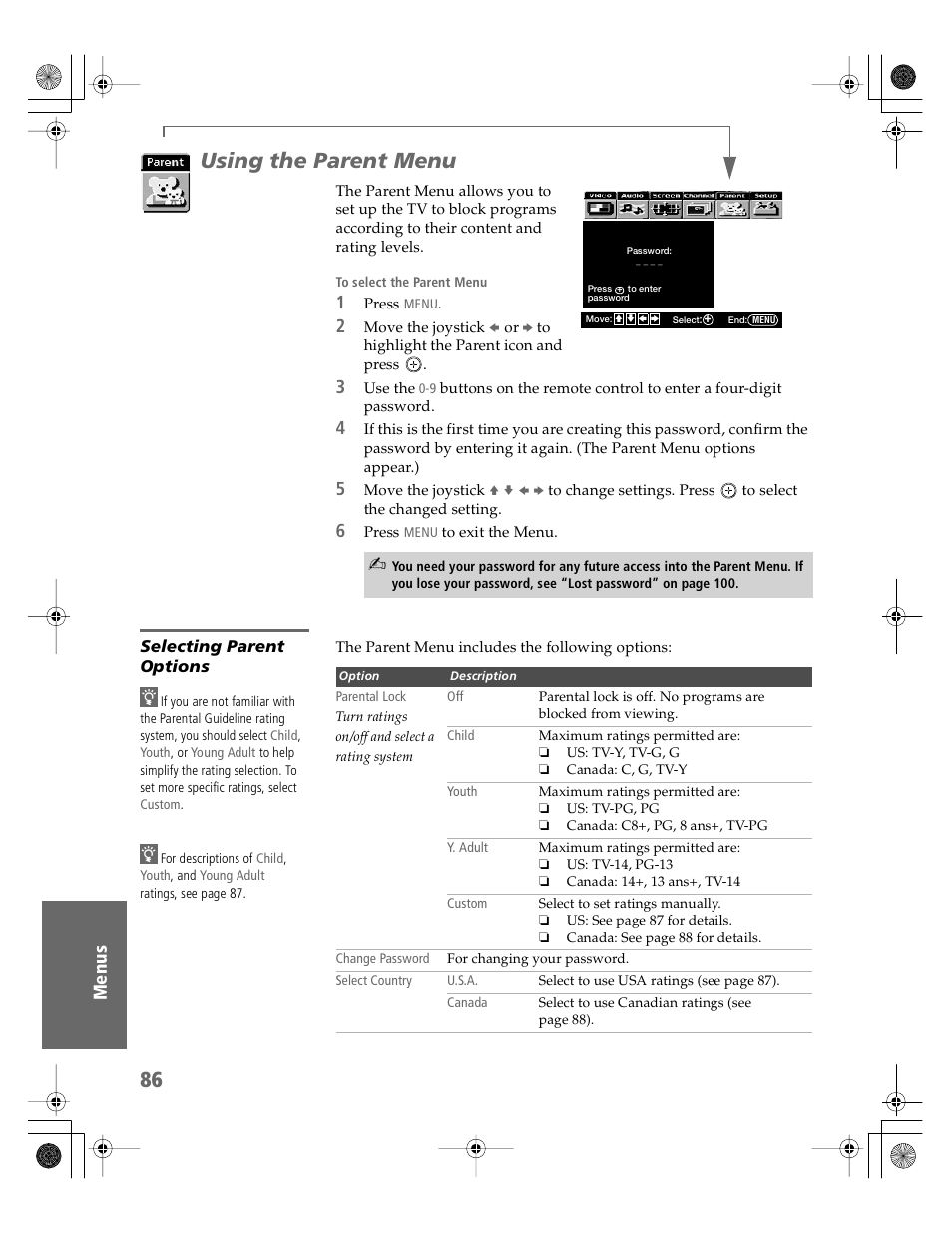 Using the parent menu, Selecting parent options | Sony KV-30XBR910 User Manual | Page 87 / 106