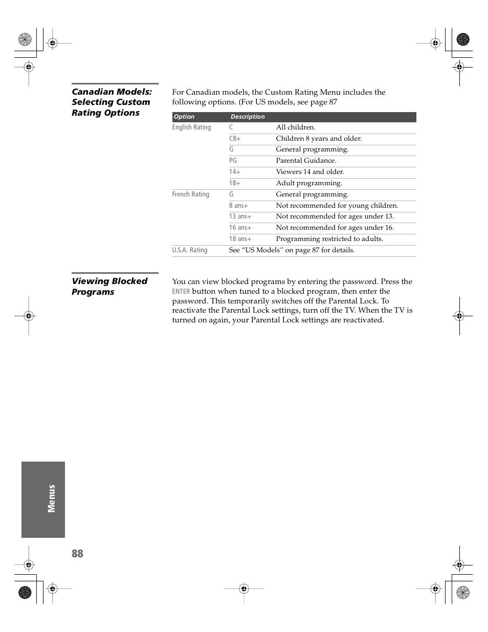 Canadian models: selecting custom rating options, Viewing blocked programs | Sony KV-30XBR910 User Manual | Page 89 / 106