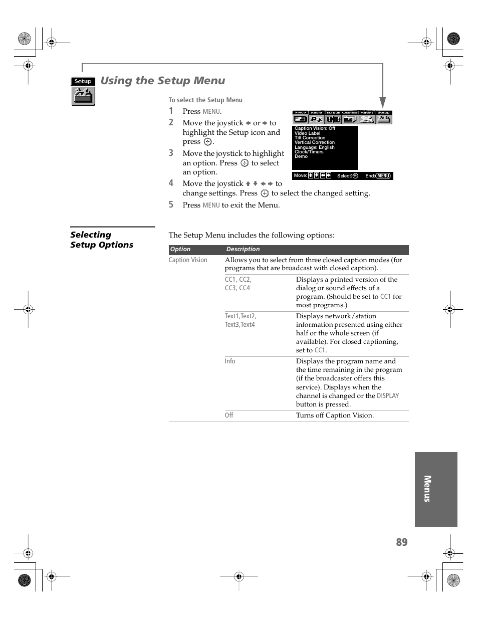 Using the setup menu, Selecting setup options | Sony KV-30XBR910 User Manual | Page 90 / 106