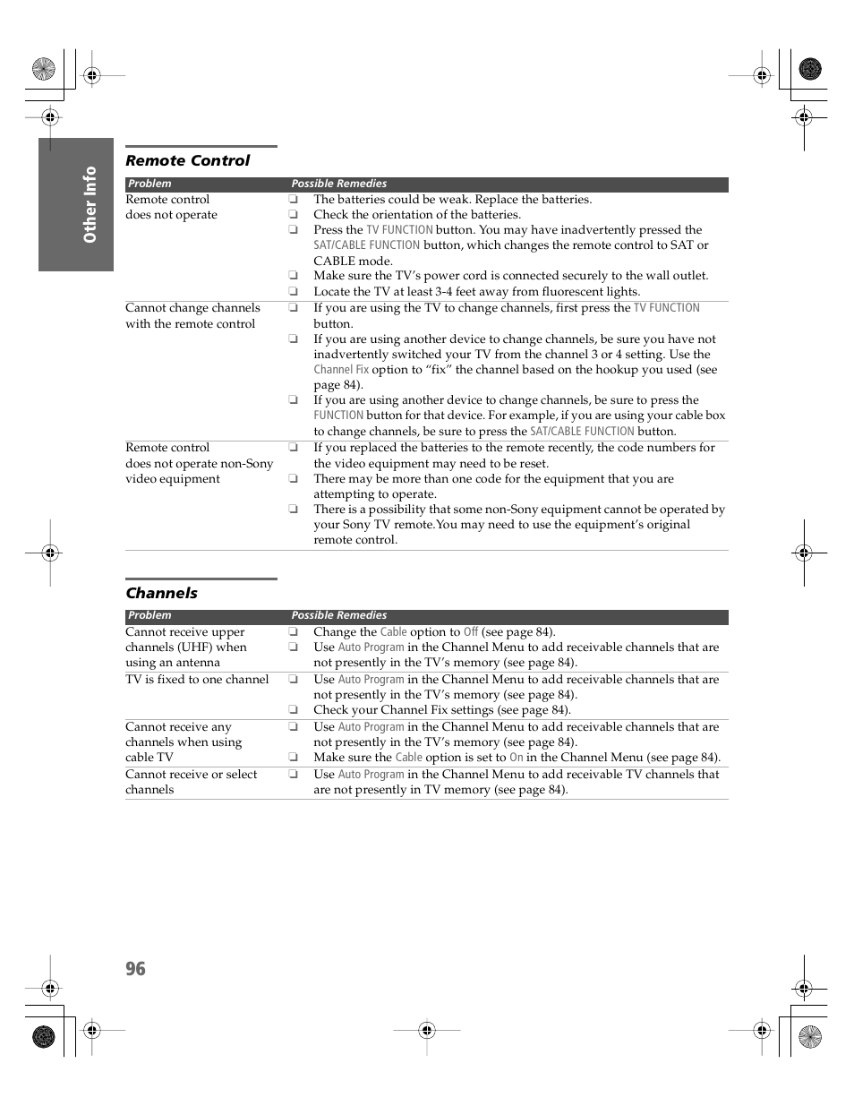 Remote control, Channels | Sony KV-30XBR910 User Manual | Page 97 / 106