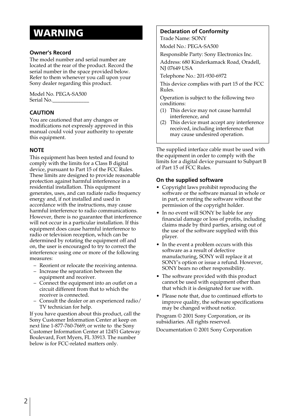 Warning | Sony PEGA-SA500 User Manual | Page 2 / 28