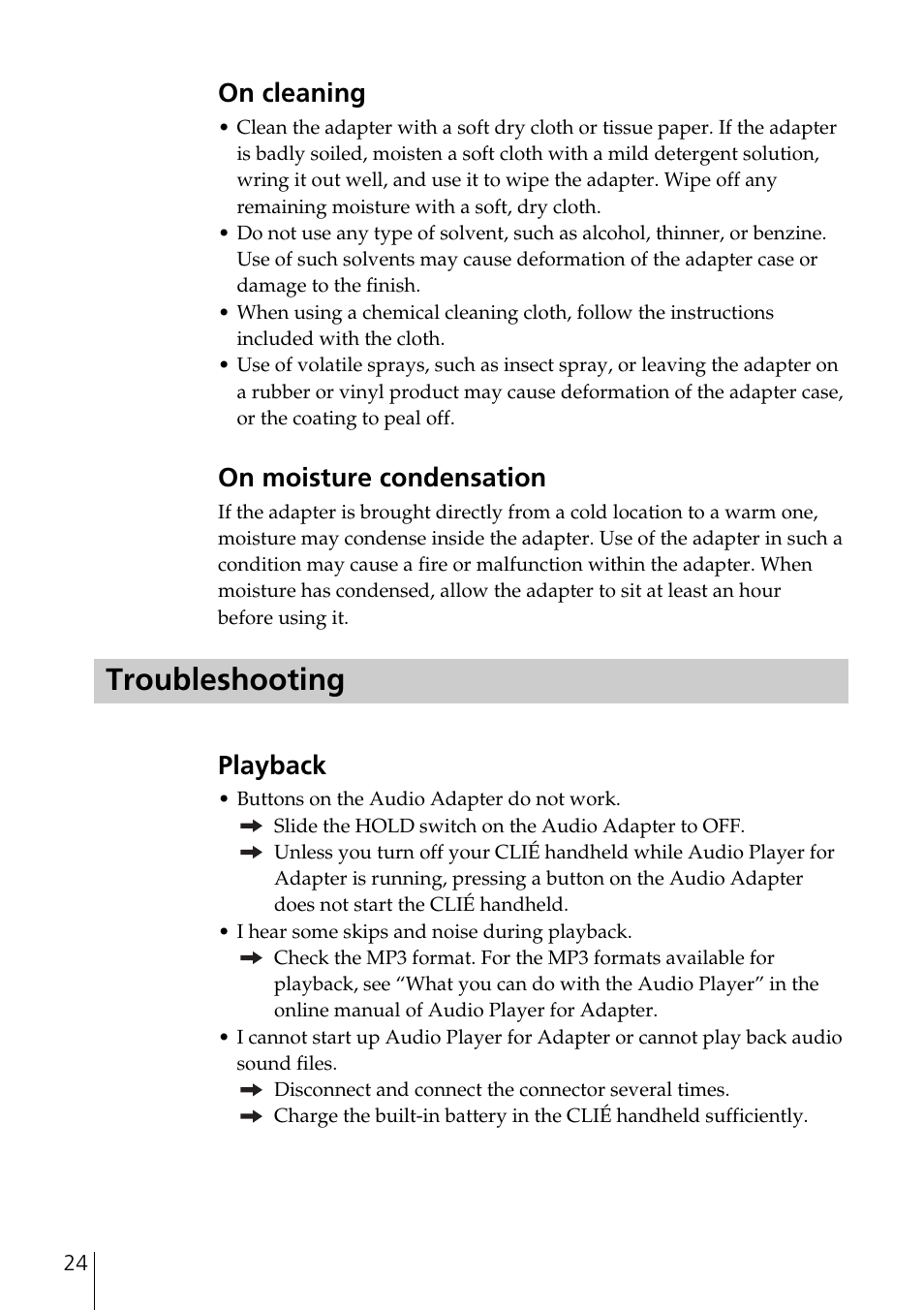 Troubleshooting, On cleaning, On moisture condensation | Playback | Sony PEGA-SA500 User Manual | Page 24 / 28