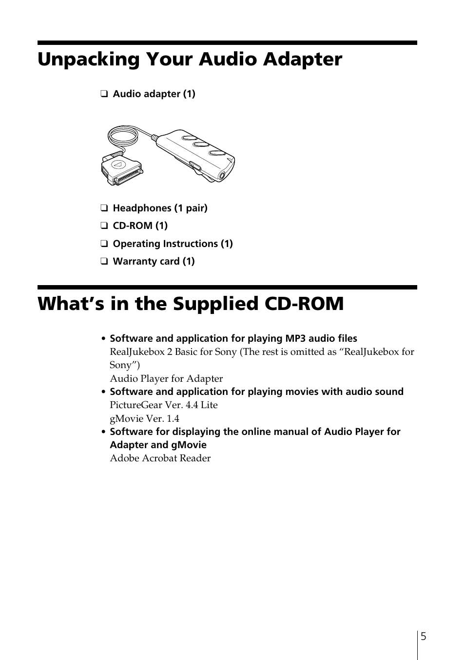 Unpacking your audio adapter, What’s in the supplied cd-rom | Sony PEGA-SA500 User Manual | Page 5 / 28