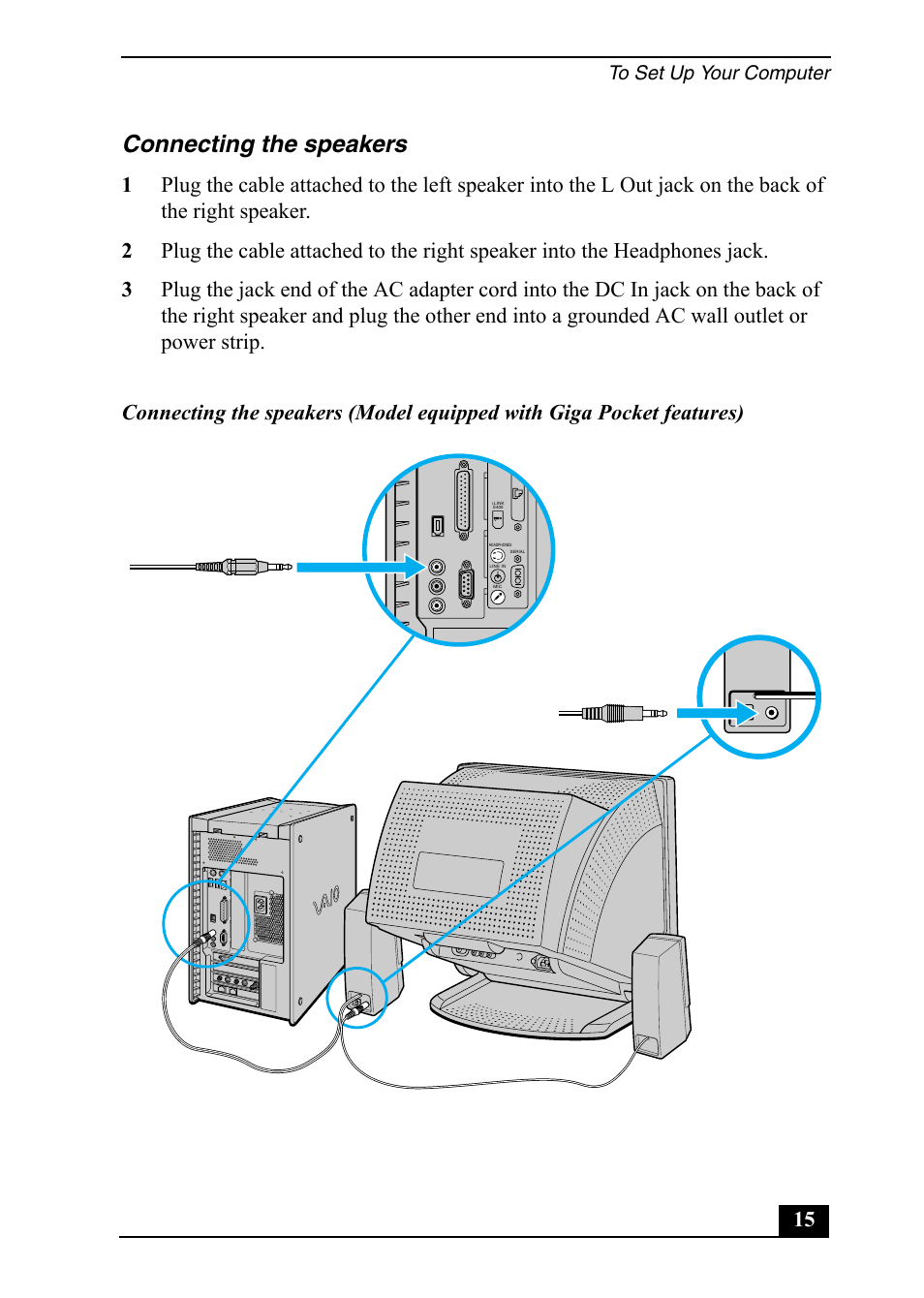 Connecting the speakers | Sony PCV-RX752 User Manual | Page 15 / 72