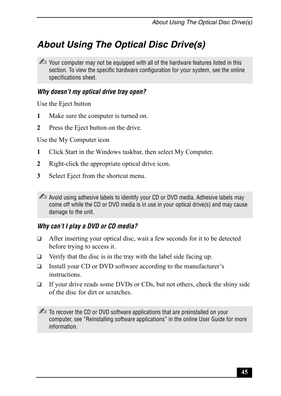 About using the optical disc drive(s) | Sony PCV-RX752 User Manual | Page 45 / 72