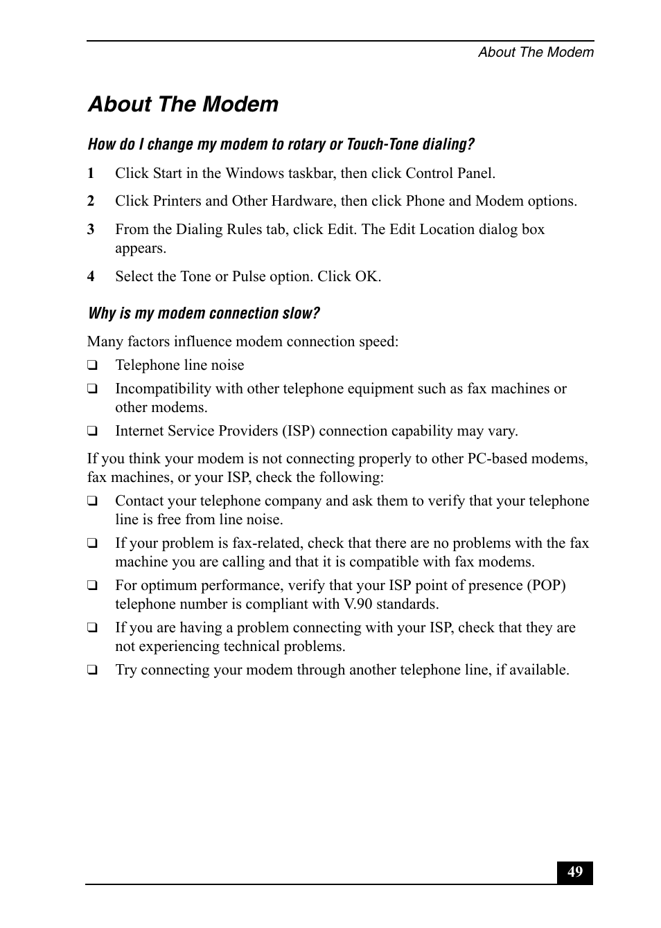 About the modem | Sony PCV-RX752 User Manual | Page 49 / 72