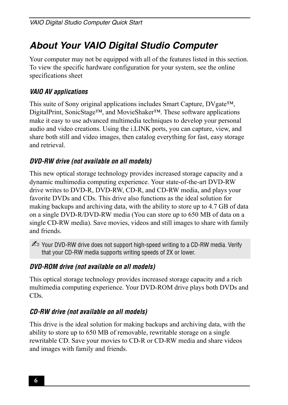 About your vaio digital studio computer | Sony PCV-RX752 User Manual | Page 6 / 72