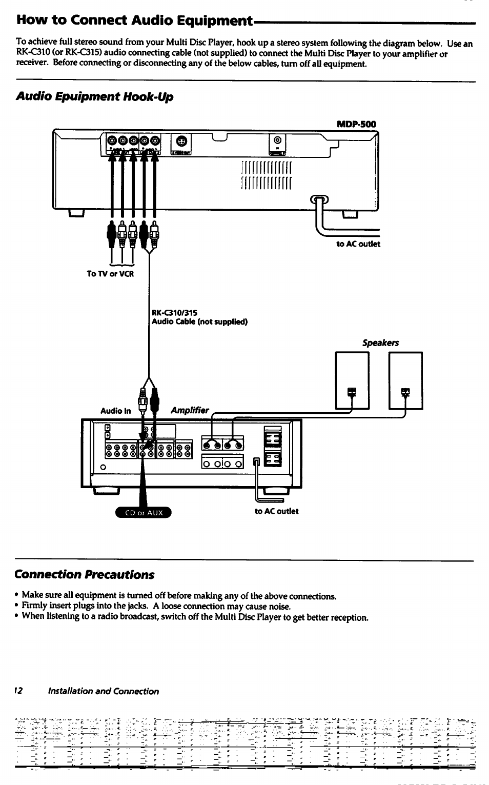 How to connect audio equipment, Audio epuipment hook-up, Codfigct/oft pi^couuoos | Sony MDP-A500 User Manual | Page 12 / 27