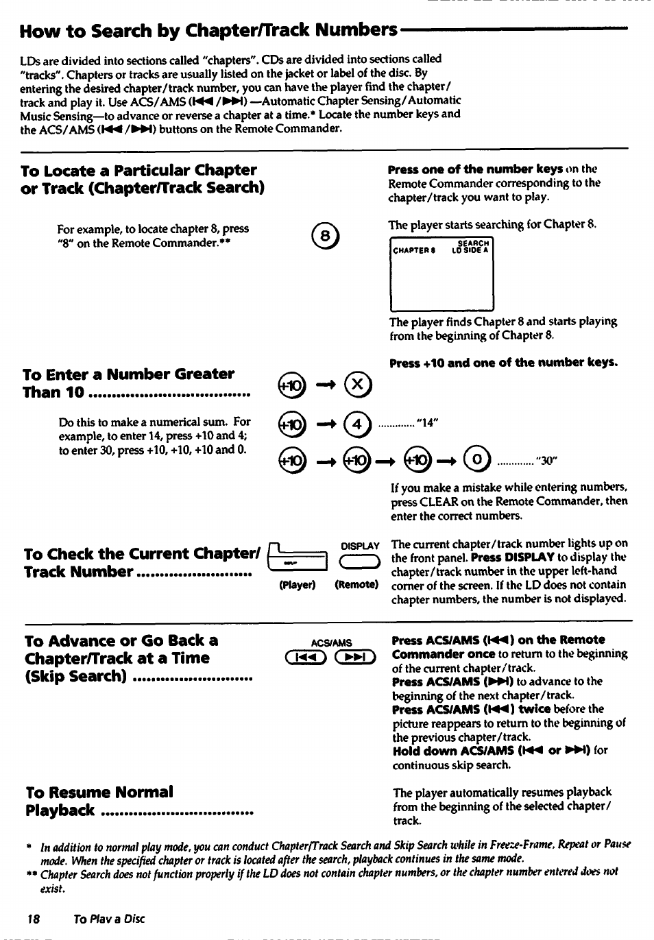 How to search by chapter/track numbers, Press one of the number keys on the, Press +10 and one of the number keys | How to search by (zhapter/track numbers, Track number | Sony MDP-A500 User Manual | Page 18 / 27